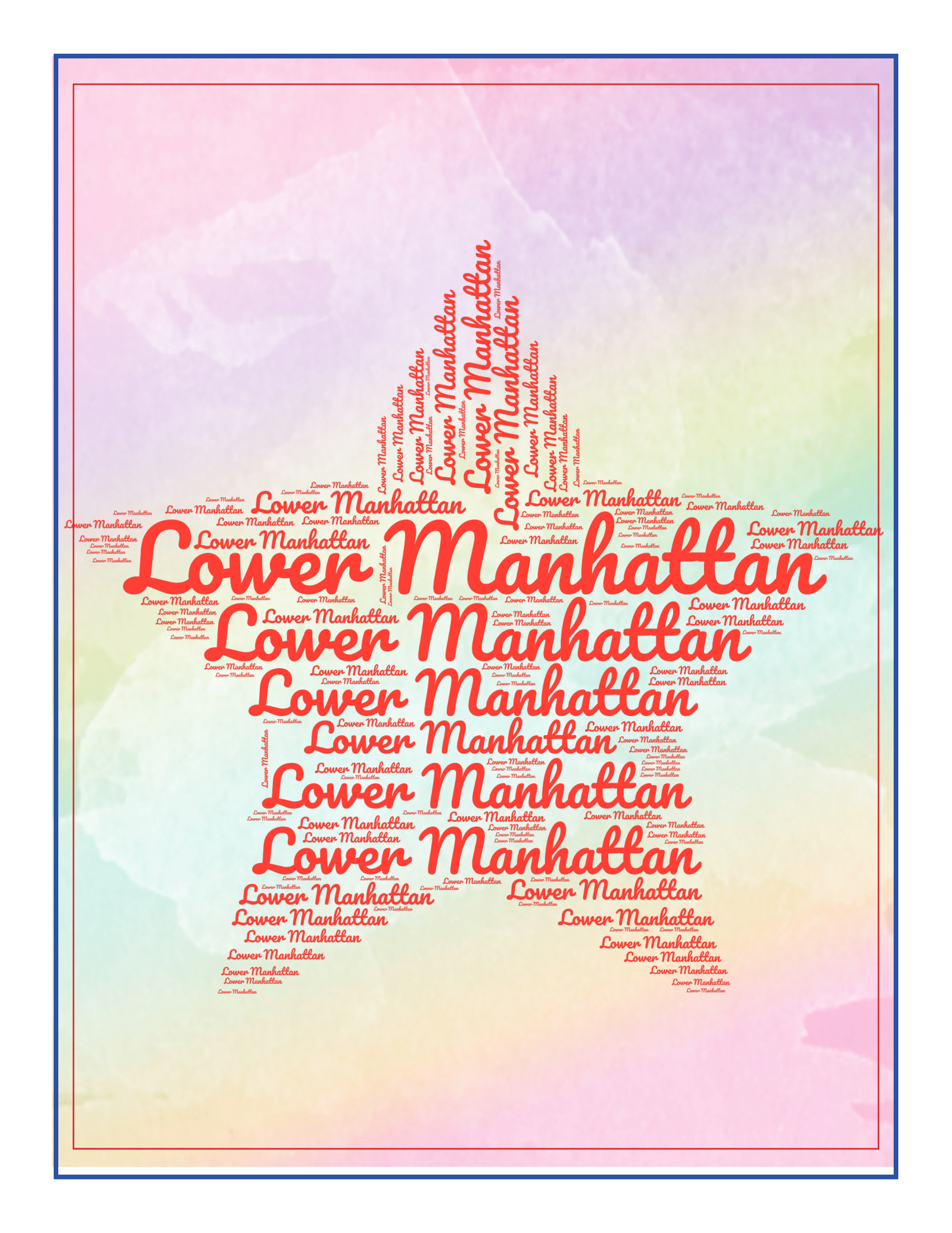 A star shape filled with the words "Lower Manhattan" in various sizes and orientations, set against a pastel watercolor texture. This design highlights *Manhattan Points of Interest* and serves as a delightful addition to any *New York City Travel Guide and Activity Kit for Kids* by *Wondermom Shop*.