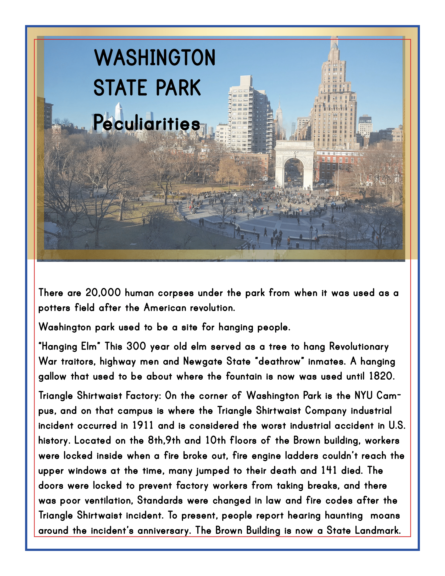 Flyer of Washington State Park, with the title "Peculiarities," providing historical facts about the park's Revolutionary War-era site, notable NYC buildings, and significant events such as the Triangle Shirtwaist Factory fire. This historical overview is a true gem among Manhattan points of interest and is featured in the Wondermom Shop's New York City Travel Guide and Activity Kit for Kids.