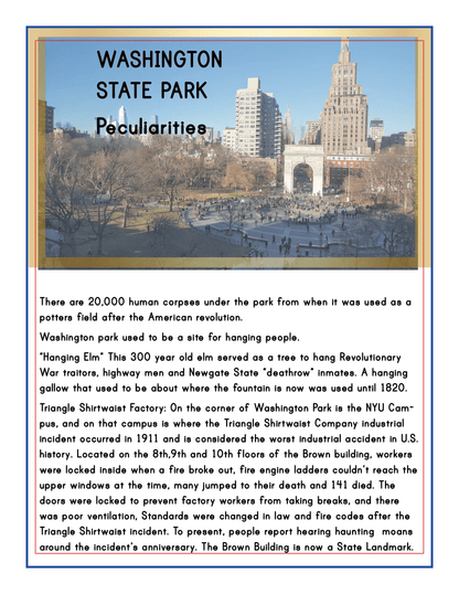 Flyer of Washington State Park, with the title "Peculiarities," providing historical facts about the park's Revolutionary War-era site, notable NYC buildings, and significant events such as the Triangle Shirtwaist Factory fire. This historical overview is a true gem among Manhattan points of interest and is featured in the Wondermom Shop's New York City Travel Guide and Activity Kit for Kids.