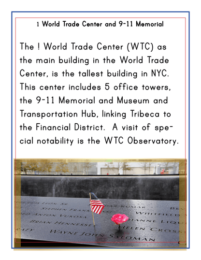 Image of an informational sign about the 1 World Trade Center and 9-11 Memorial, featuring details about the site alongside a photo of the memorial adorned with small American flags and a pink flower. Featured in the New York City Travel Guide and Activity Kit for Kids by Wondermom Shop, it's one of Manhattan's key attractions and a poignant family-friendly destination in NYC.