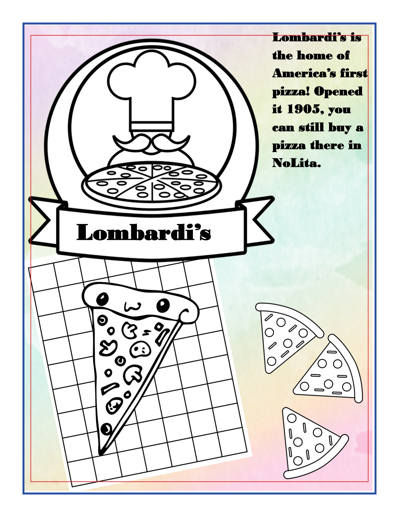 An informational page about Lombardi's, America's first pizzeria opened in 1905, featuring a chef's hat logo, pizza slice illustrations, and a short history—a must-see in the Wondermom Shop’s New York City Travel Guide and Activity Kit for Kids.