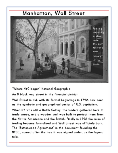 A historic photograph of Wall Street traders gathered under the Buttonwood Tree, a pivotal point in any *New York City Travel Guide and Activity Kit for Kids* by Wondermom Shop. The text details Wall Street's origins, early trading rules formalized in 1792, and the significant "Buttonwood Agreement.