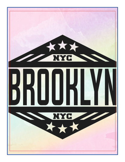 A black diamond-shaped logo with the word "BROOKLYN" in bold letters, flanked by "NYC" and stars on each side. The background features a pastel, watercolor-like pattern reminiscent of the New York City Travel Guide and Activity Kit for Kids by Wondermom Shop.
