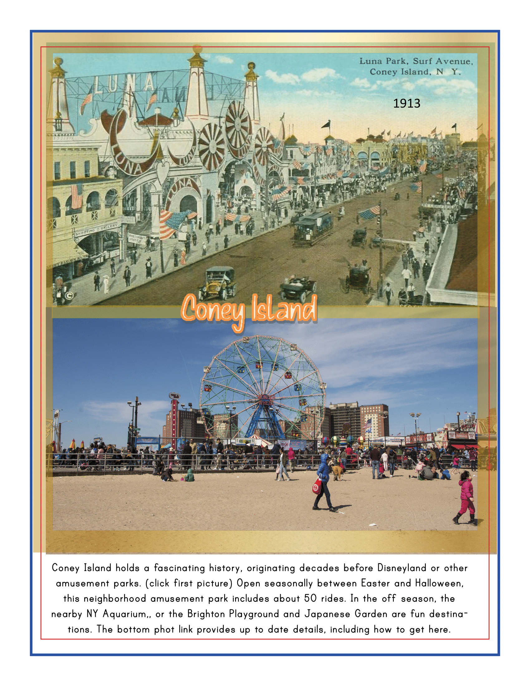 A historical postcard and a recent photo of Coney Island are displayed. The postcard, showing Luna Park in 1913, is juxtaposed with a modern photo that captures a bustling amusement park with a prominent Ferris wheel, making it an ideal feature in the "New York City Travel Guide and Activity Kit for Kids" by Wondermom Shop for an NYC Family Friendly Destination.