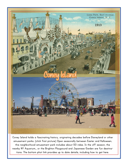 A historical postcard and a recent photo of Coney Island are displayed. The postcard, showing Luna Park in 1913, is juxtaposed with a modern photo that captures a bustling amusement park with a prominent Ferris wheel, making it an ideal feature in the "New York City Travel Guide and Activity Kit for Kids" by Wondermom Shop for an NYC Family Friendly Destination.