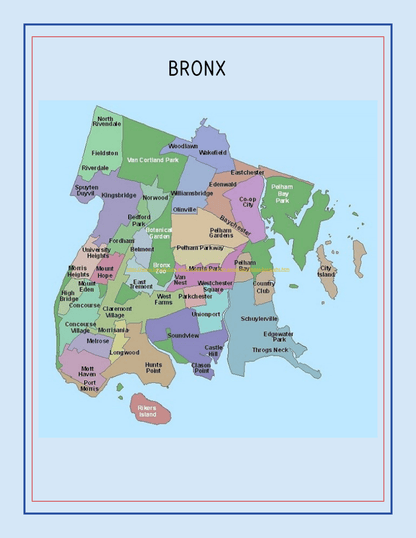 A detailed map of the Bronx, part of the New York City Travel Guide and Activity Kit for Kids by Wondermom Shop, displays various neighborhoods in different colors with names labeled. Perfect for any young explorer's travel guide, it highlights key areas while seamlessly tying into nearby Manhattan Points of Interest.
