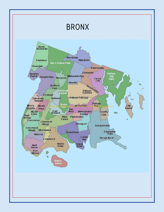 A detailed map of the Bronx, part of the New York City Travel Guide and Activity Kit for Kids by Wondermom Shop, displays various neighborhoods in different colors with names labeled. Perfect for any young explorer's travel guide, it highlights key areas while seamlessly tying into nearby Manhattan Points of Interest.