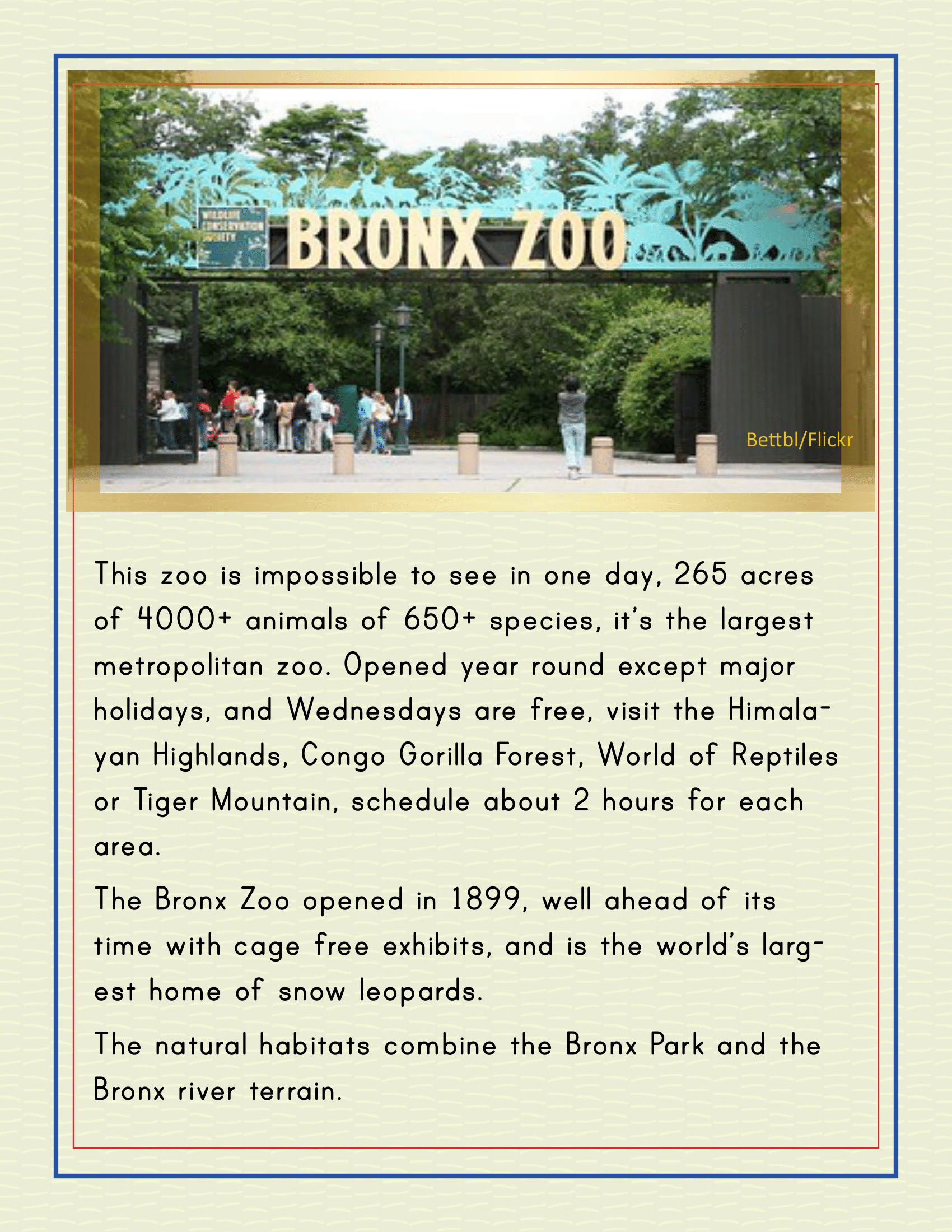 The entrance sign of the Bronx Zoo details its history, exhibits, hours, and habitats, showcasing its significant size and variety of species. This NYC family-friendly destination is featured in numerous editions of the "New York City Travel Guide and Activity Kit for Kids" by Wondermom Shop as a must-visit spot just minutes away from Manhattan's points of interest.