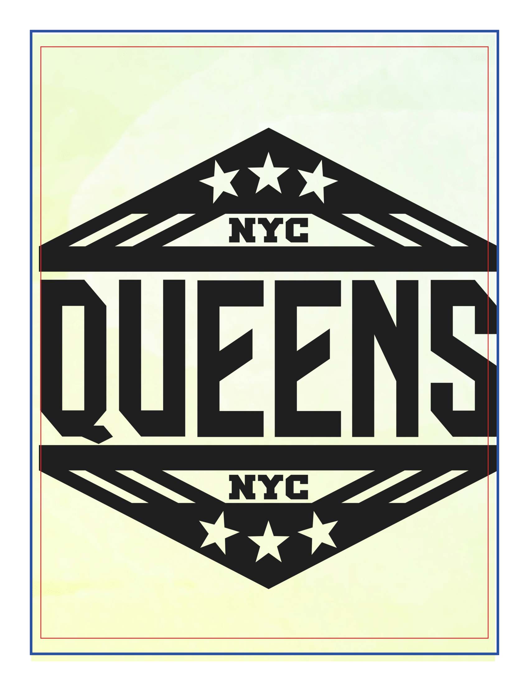 The black "Queens NYC" emblem with stars and geometric lines, positioned against a light gradient background, makes it a standout feature in the New York City Travel Guide and Activity Kit for Kids by Wondermom Shop.
