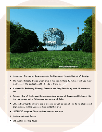 A park with manicured hedges and a large metal globe sculpture in the center showcases the text overlay listing features and notable facts about various neighborhoods and landmarks in New York City, making it perfect for those seeking an NYC Family Friendly Destination—brought to you by the Wondermom Shop's New York City Travel Guide and Activity Kit for Kids.