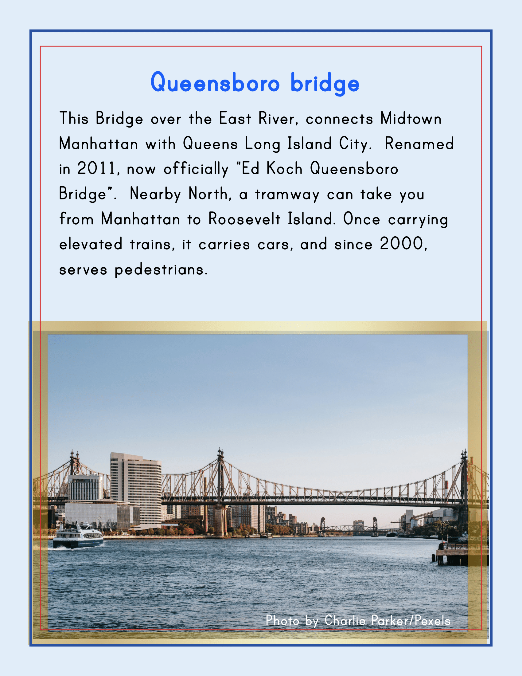 An image of the Queensboro Bridge, now renamed the "Ed Koch Queensboro Bridge," spans the East River, connecting Manhattan with Queens. This iconic site is featured in Wondermom Shop's "New York City Travel Guide and Activity Kit for Kids," emphasizing its role as a shared thoroughfare for both vehicles and pedestrians, making it one of NYC’s top family-friendly destinations.