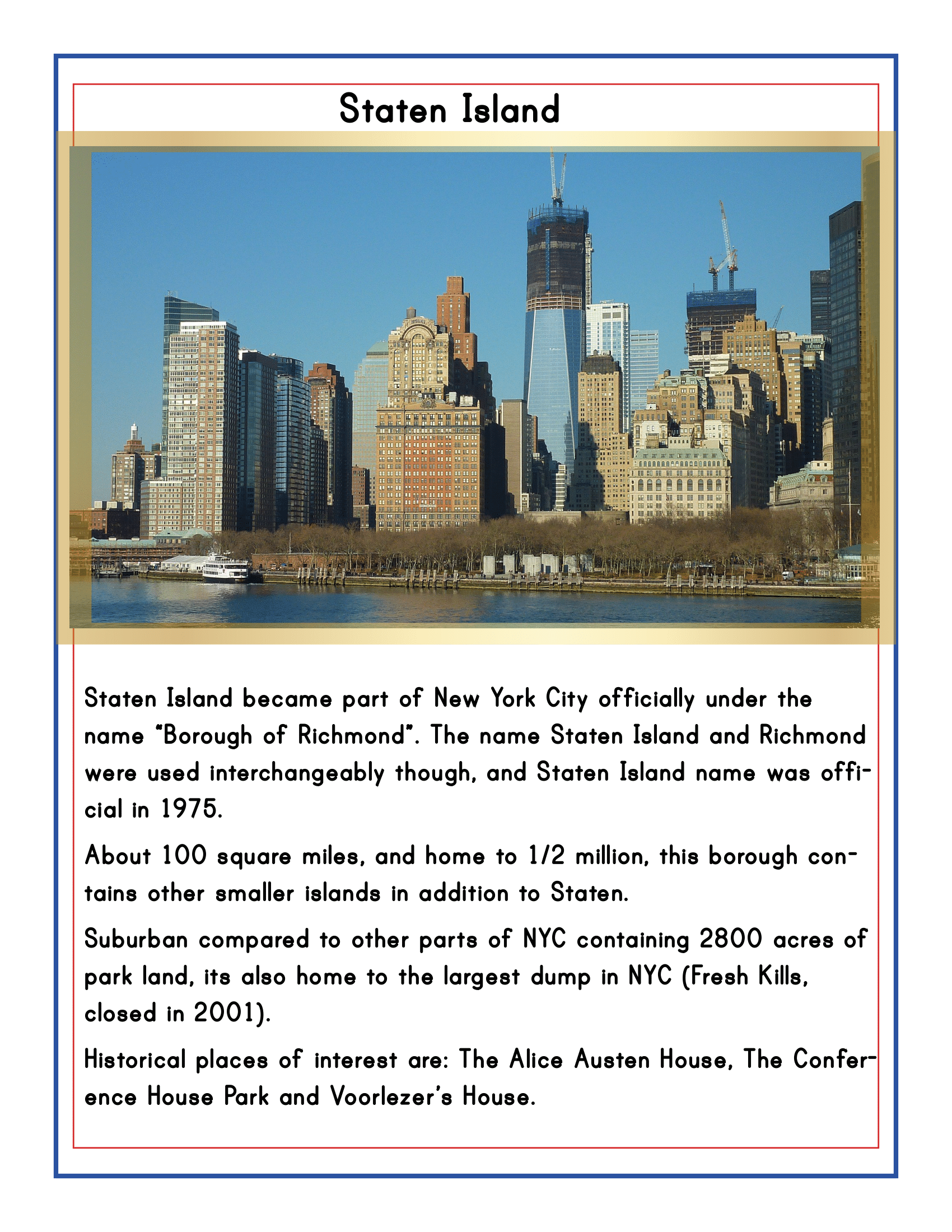 Informational poster about Staten Island detailing its history, size, population, suburban nature, and historical places of interest, with an image of the NYC skyline in the background. Perfect for Wondermom Shop's New York City Travel Guide and Activity Kit for Kids or highlighting NYC Family Friendly Destinations.