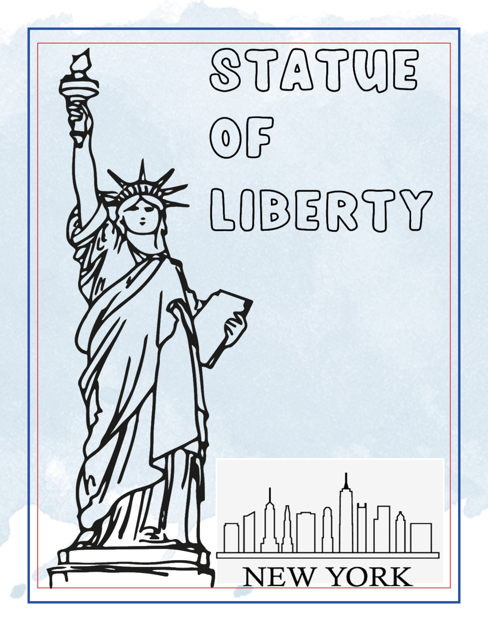 Illustration of the Statue of Liberty with the text "Statue of Liberty" above and a minimalistic New York City skyline below, capturing one of Manhattan's points of interest, as featured in the **New York City Travel Guide and Activity Kit for Kids** by **Wondermom Shop**.