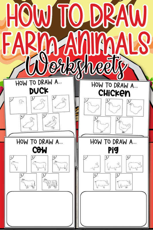 The vibrant "How to Draw Farm Animals" worksheets from Wondermom Shop provide step-by-step drawing guides for a duck, chicken, cow, and pig, complete with practice spaces – perfect for inclusion in your farm animals drawing activity book or as an engaging digital product.