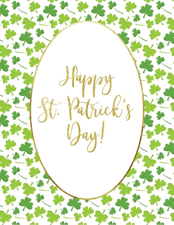 The Printable Happy St. Patrick's Day Sign by VIP Vault features a white oval with "Happy St. Patrick's Day!" in gold script set against a green shamrock background, offering an easy decorative solution for your home celebration.