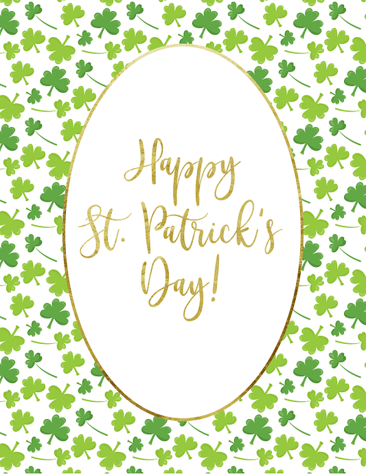 The Printable Happy St. Patrick's Day Sign by VIP Vault features a white oval with "Happy St. Patrick's Day!" in gold script set against a green shamrock background, offering an easy decorative solution for your home celebration.