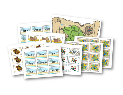 A collection of educational flashcards featuring various themes such as fruits, transportation, and weather. Comes with a downloadable PDF game for extended learning fun from the Wondermom Wannabe Treasure Seekers Game.