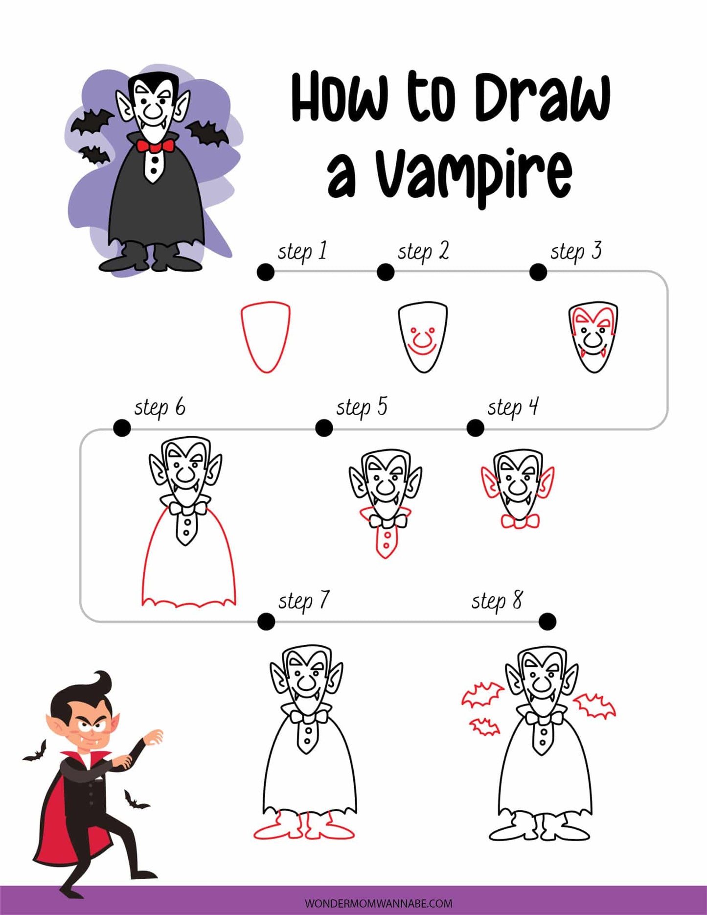 Check out VIP Vault's "How to Draw a Vampire" guide, ideal for Halloween fun. From basic shapes to a fully caped, fanged cartoon vampire, this step-by-step printable brings your spooky creation to life!.