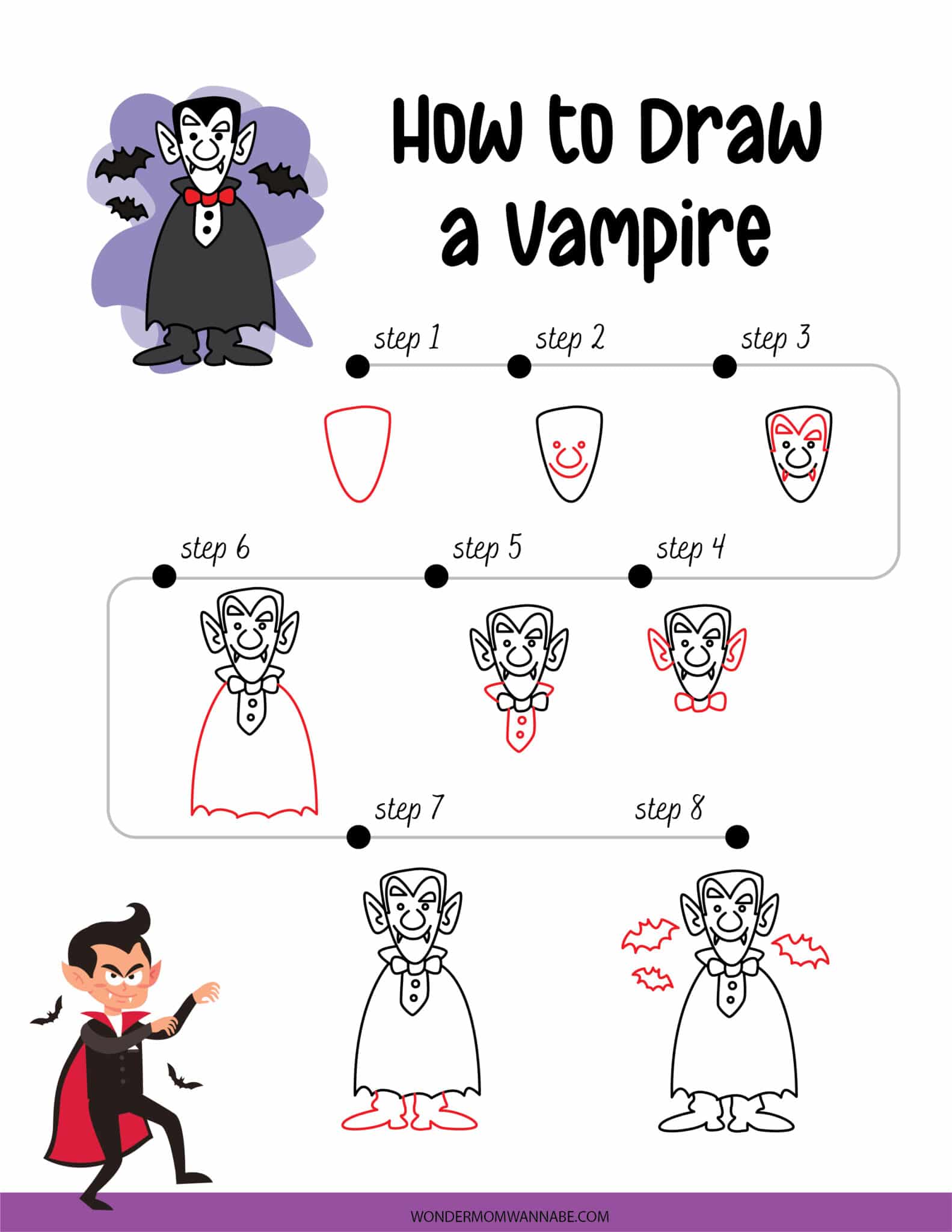 Check out VIP Vault's "How to Draw a Vampire" guide, ideal for Halloween fun. From basic shapes to a fully caped, fanged cartoon vampire, this step-by-step printable brings your spooky creation to life!.