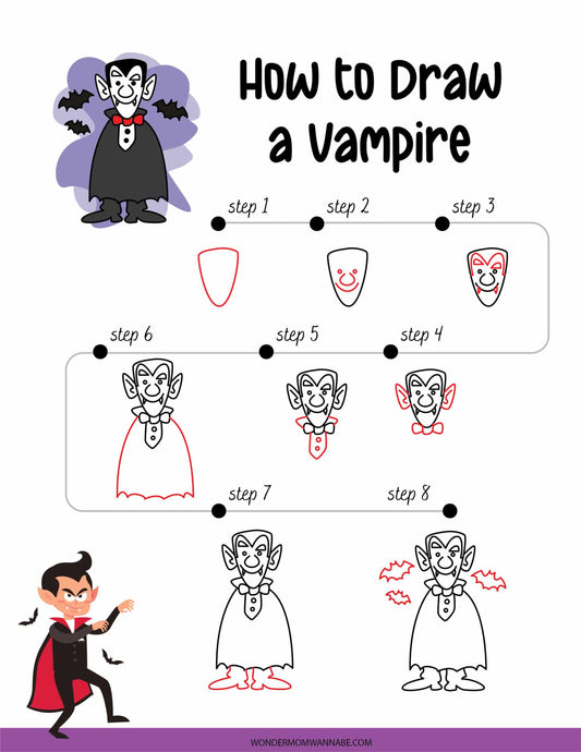 Check out VIP Vault's "How to Draw a Vampire" guide, ideal for Halloween fun. From basic shapes to a fully caped, fanged cartoon vampire, this step-by-step printable brings your spooky creation to life!.
