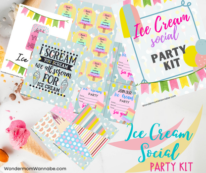 Displayed alongside ice cream cones and sprinkles are various colorful printables from the "Ice Cream Social Party Kit" by Wondermom Shop, including banners, invitations, and tags. This delightful digital product can be found at WondermomWannabe.com.