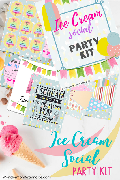 Image of the Wondermom Shop's Ice Cream Social Party Kit, showcasing vibrant invitation cards, banners, and decorative signs adorned with ice cream-themed designs and text. A whimsical pink ice cream cone is featured in the bottom left corner.