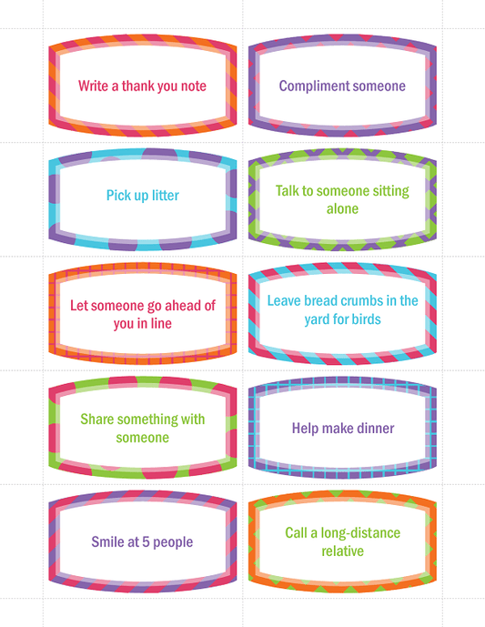 A set of Random Acts of Kindness Cards for Kids with different words on them, made by VIP Vault.