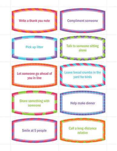 A set of Random Acts of Kindness Cards for Kids with different words on them, made by VIP Vault.