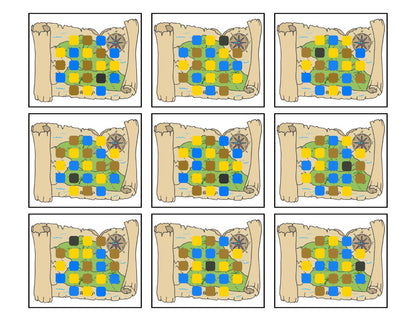 Nine panels displaying variations of a colored tile puzzle from the Treasure Seekers Game by Wondermom Wannabe, with some panels having the puzzle partially solved and others showing different stages of progress or completion.