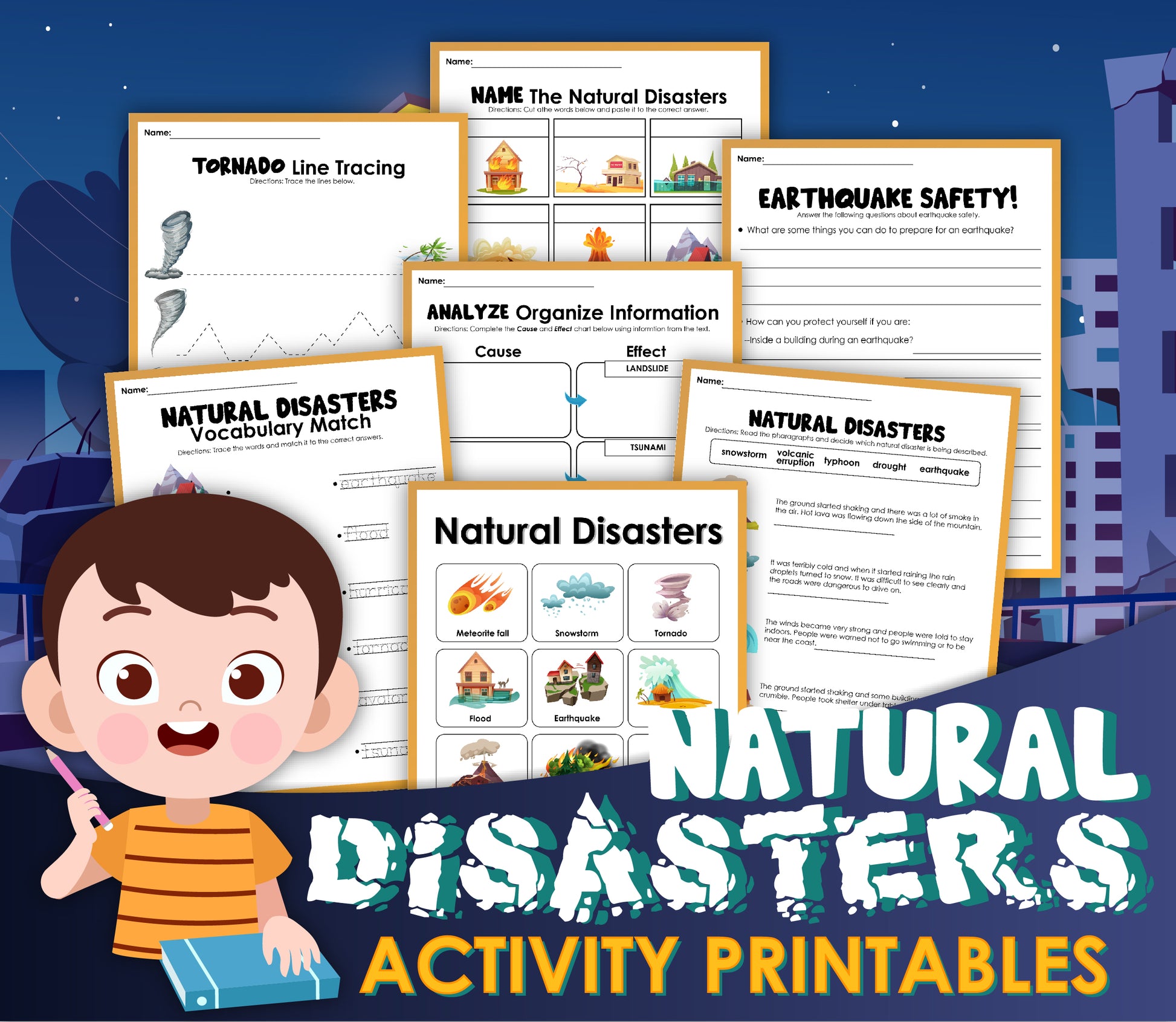 A poster featuring a child enjoying the Natural Disasters Activity Set from Wondermom Shop.