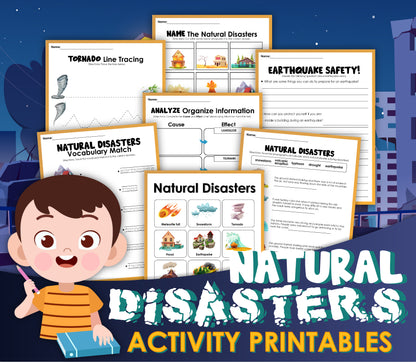A poster featuring a child enjoying the Natural Disasters Activity Set from Wondermom Shop.