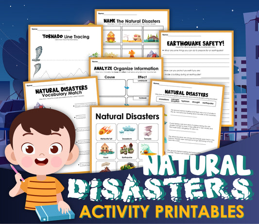 A poster featuring a child enjoying the Natural Disasters Activity Set from Wondermom Shop.