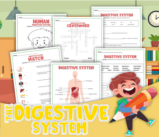 Explore the Digestive System Activity Set by Wondermom Shop, which offers an engaging learning experience with illustrated educational worksheets. This set includes activities like matching, crosswords, and labeling, all brought to life by a cartoon character holding a large pencil for interactive fun.