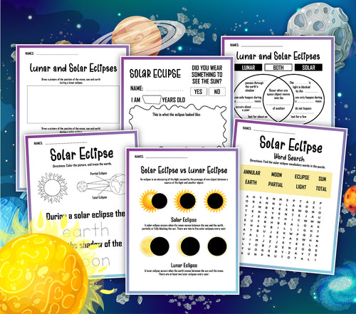 Educational worksheets about lunar and solar eclipses displayed on a space-themed background as part of the Lunar and Solar Eclipse Activity Set by Wondermom Shop.