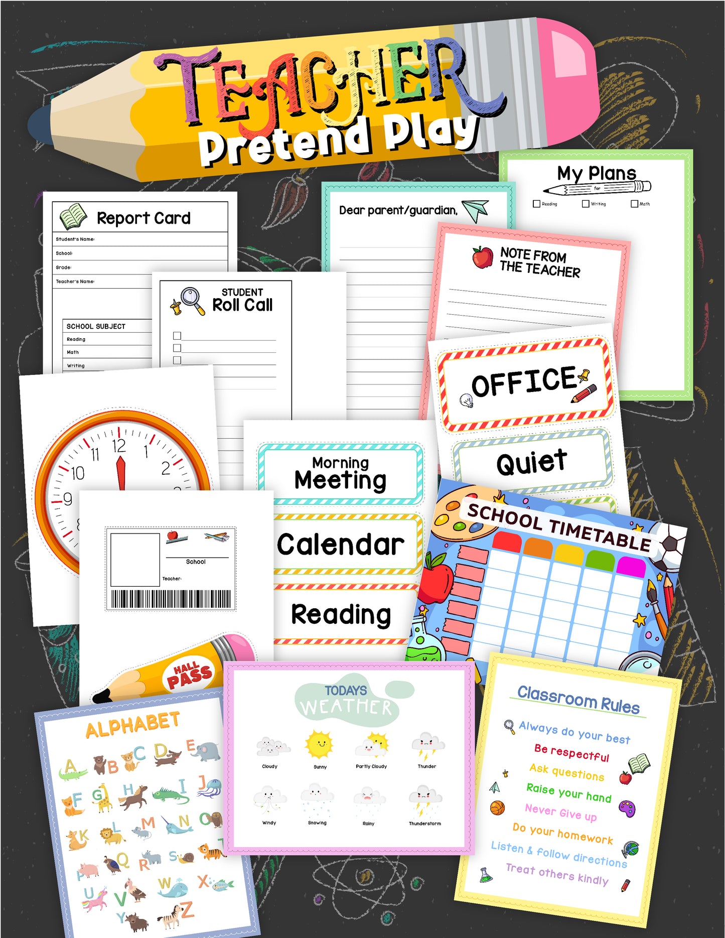 The Teacher Pretend Play Kit from Wondermom Shop is a digital collection of brightly colored classroom-themed printables. It includes charts for attendance, school timetables, classroom rules, weather, the alphabet, a calendar, and teacher notes—perfect for creating your own fun and engaging pretend play classroom signs.