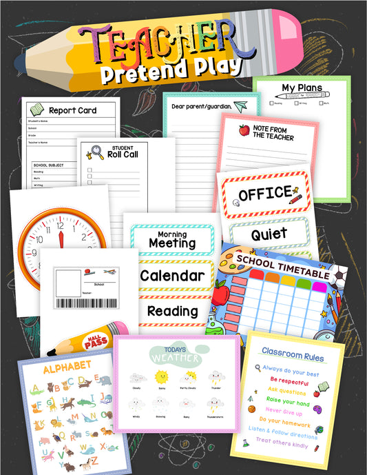 The Teacher Pretend Play Kit from Wondermom Shop is a digital collection of brightly colored classroom-themed printables. It includes charts for attendance, school timetables, classroom rules, weather, the alphabet, a calendar, and teacher notes—perfect for creating your own fun and engaging pretend play classroom signs.
