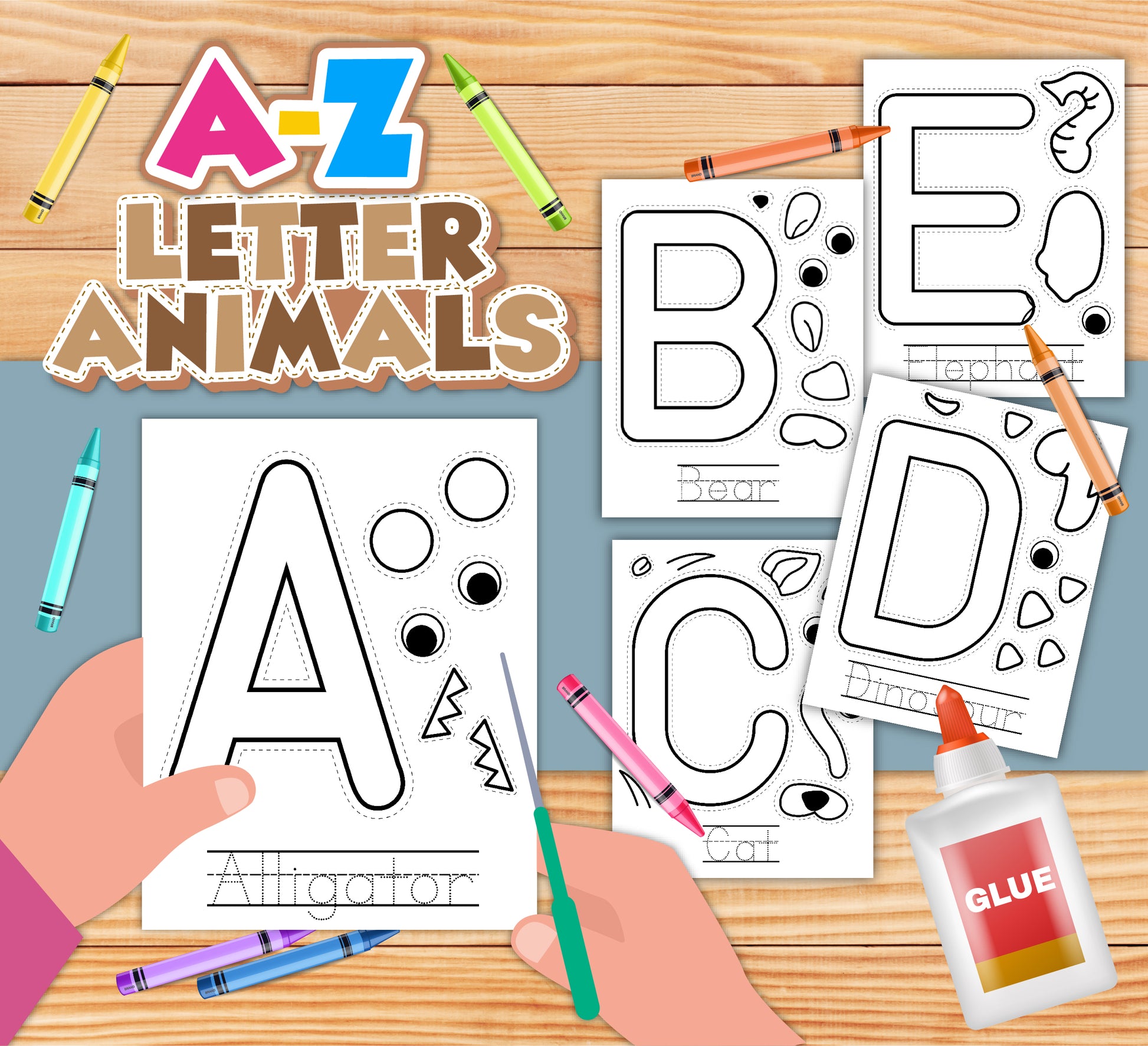 Fun and educational Wondermom Shop A to Z Letter Animals Activity Kit coloring pages for kids.