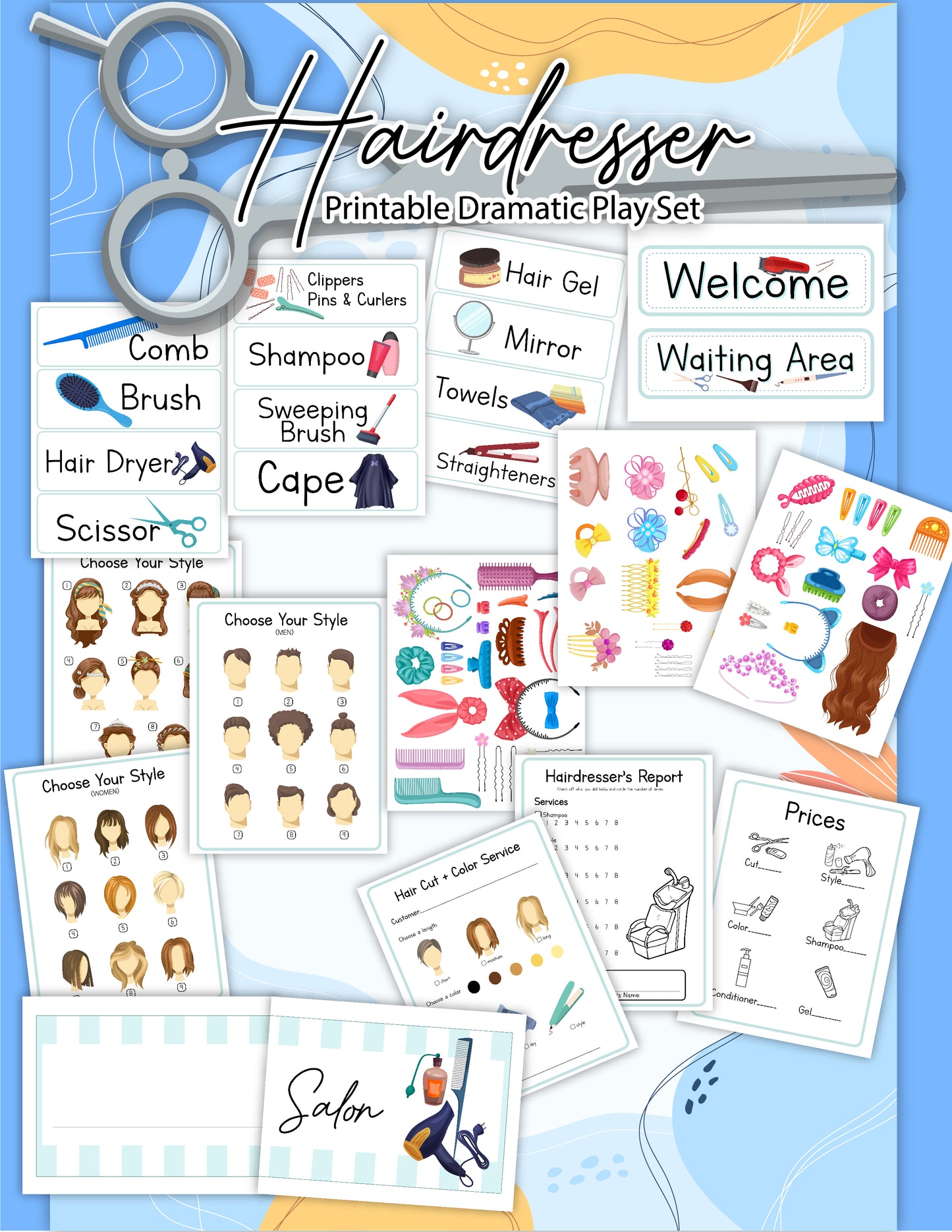 Wondermom Shop's "Salon Pretend Play Kit" includes a variety of hair styling tools, price lists, hairstyle options, and salon signage on a light blue background. This Hairdresser Printable Dramatic Play Set also features printable hair accessories, making it the perfect digital product for imaginative fun.