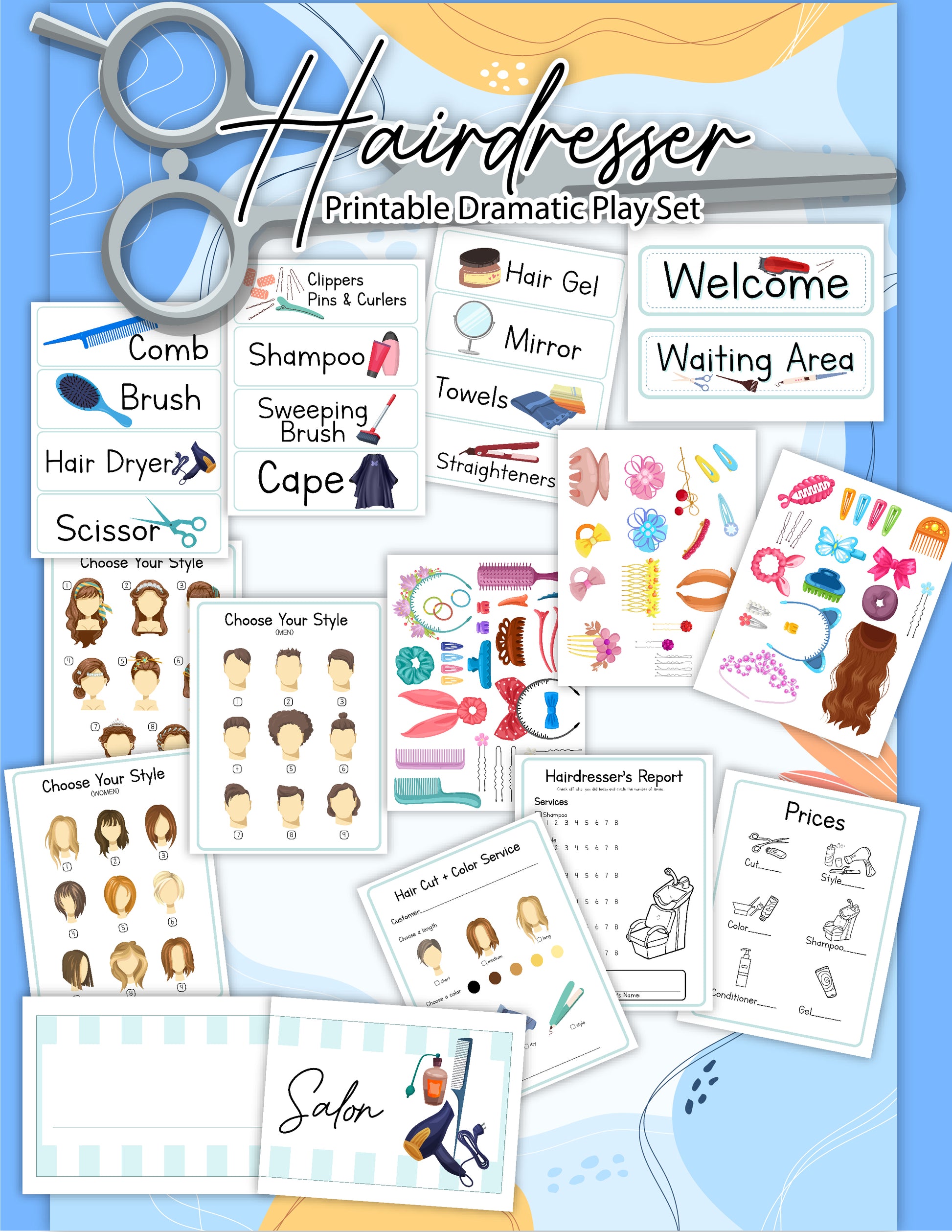 Wondermom Shop's "Salon Pretend Play Kit" includes a variety of hair styling tools, price lists, hairstyle options, and salon signage on a light blue background. This Hairdresser Printable Dramatic Play Set also features printable hair accessories, making it the perfect digital product for imaginative fun.