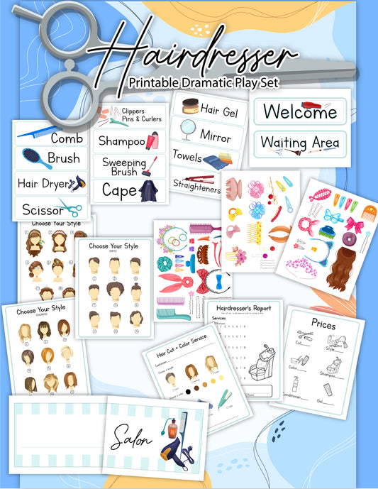 Wondermom Shop's "Salon Pretend Play Kit" includes a variety of hair styling tools, price lists, hairstyle options, and salon signage on a light blue background. This Hairdresser Printable Dramatic Play Set also features printable hair accessories, making it the perfect digital product for imaginative fun.