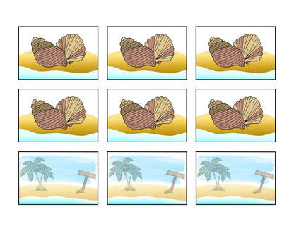 Nine panels depicting variation in seashells and the addition of palm trees and a directional sign on a beachscape, ideal for Wondermom Wannabe's Treasure Seekers Game.
